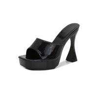 Women's Patent Leather Square Toe Sandals - 12cm Chunky Heel for Weddings, Date Nights, Cocktail Events, Vacation,Black,6.5 UK