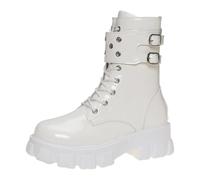Women's Patent Leather Studded Buckle Chunky Platform Ankle Boots Lace Up Combat Booties Glossy Finish Metal Hardware Thick Sole Anti-Slip Party Club Streetwear Fashion Footwear Punk Y2K Style