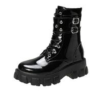 Women's Patent Leather Studded Buckle Chunky Platform Ankle Boots Lace Up Combat Booties Glossy Finish Metal Hardware Thick Sole Anti-Slip Party Club Streetwear Fashion Footwear Punk Y2K Style