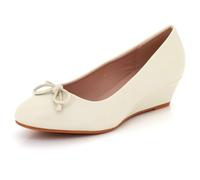 Womens Patent Wedge Heel Pumps Comfortable Slip-On Bow Accent Lightweight Office Work Formal Casual Ladies Court Off White PU Shoes Size 6 UK 39 EU