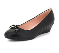 Womens Patent Wedge Heel Pumps Comfortable Slip-On Bow Accent Lightweight Office Work Formal Casual Ladies Court Black PU Shoes Size 3 UK 36 EU