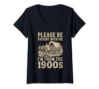 Women's Patient with Me I'm from The 1900s Wagon Humor V-Neck T-Shirt