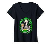 Women's Patrick's Day Irish Man Skeleton Drinking Bourbon Shamrocks V-Neck T-Shirt