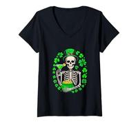 Women's Patrick's Day Irish Man Skeleton Drinking Cocktail Shamrocks V-Neck T-Shirt