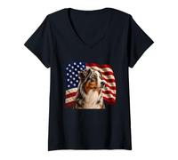Women's Patriotic 4th July USA Flag Merle Australian Shepherd V-Neck T-Shirt