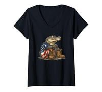 Womens Patriotic Alligator in Battlefield Costume for Man and Woman V-Neck T-Shirt