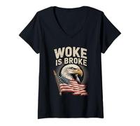 Womens Patriotic American Eagle and Flag Woke is Broke Freedom V-Neck T-Shirt