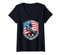Women's Patriotic American Flag Motocross Rider on the Dirt Track V-Neck T-Shirt