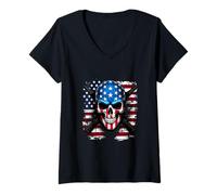 Womens Patriotic American Flag Skull Skeleton 4th Of July V-Neck T-Shirt