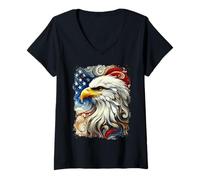Womens Patriotic Bald Eagle With American Flag Abstract Art V-Neck T-Shirt
