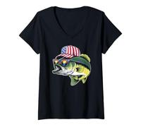Womens Patriotic Bass Fishing - Retro USA American Flag Fisherman V-Neck T-Shirt