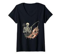 Womens Patriotic Bass Fishing Skull American Flag Design V-Neck T-Shirt
