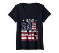 Womens Patriotic Boating Gift - US Flag I Love Sailing V-Neck T-Shirt