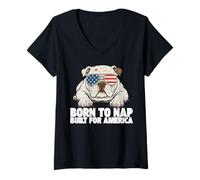 Womens Patriotic Bulldog American Flag Funny USA Freedom V-Neck T-Shirt