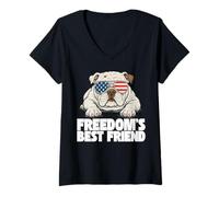 Womens Patriotic Bulldog American Flag Funny USA Freedom V-Neck T-Shirt