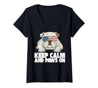 Womens Patriotic Bulldog American Flag Funny USA Freedom V-Neck T-Shirt