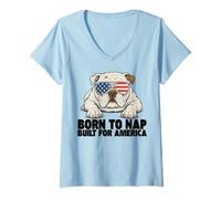 Womens Patriotic Bulldog American Flag Funny USA Freedom V-Neck T-Shirt