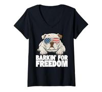 Womens Patriotic Bulldog American Flag Funny USA Freedom V-Neck T-Shirt