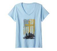 Womens Patriotic Cross American Flag Christian Military Veteran V-Neck T-Shirt
