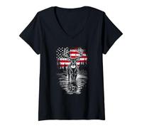 Womens Patriotic Deer Hunting Whitetail American Flag Buck V-Neck T-Shirt