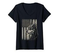 Womens Patriotic Doberman Pinsch Dog American Flag 4th of July V-Neck T-Shirt