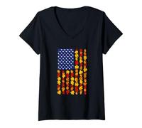 Womens Patriotic Fall American Flag with Autumn Leaves USA Harvest V-Neck T-Shirt
