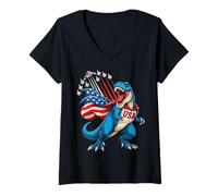 Womens Patriotic Fighter Jets T Rex Dinosaur USA Flag 4th of July V-Neck T-Shirt