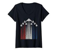 Womens Patriotic Fighter Jets USA Flag Red White & Blue 4th of July V-Neck T-Shirt