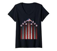 Womens Patriotic Fighter Jets USA Flag Red White & Blue 4th of July V-Neck T-Shirt
