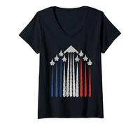 Womens Patriotic Fighter Jets USA Flag Red White & Blue 4th of July V-Neck T-Shirt