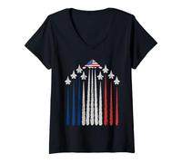 Womens Patriotic Fighter Jets USA Flag Red White & Blue 4th of July V-Neck T-Shirt