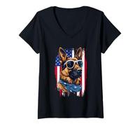 Womens Patriotic German Shepherd American Flag 4th Of July V-Neck T-Shirt