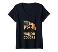 Women's Patriotic 'Honor the Colors' Saluting Silhouette and Flag V-Neck T-Shirt