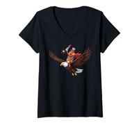 Women's Patriotic Hot Dog Riding Bald Eagle Firework Cartoon V-Neck T-Shirt