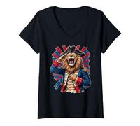 Women's Patriotic Lion General Saluting July 4th V-Neck T-Shirt