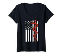 Womens Patriotic Medical Doctor US Flag Rod of Asclepius Symbol V-Neck T-Shirt