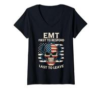 Womens Patriotic Paramedic Badass Skull US Flag EMT V-Neck T-Shirt