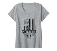 Womens Patriotic Pittsburgh Steel City Born USA Flag Pittsburgh V-Neck T-Shirt