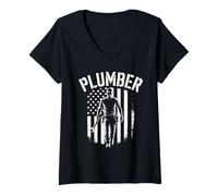 Womens Patriotic Plumber American Flag Plumbing 4th Of july V-Neck T-Shirt