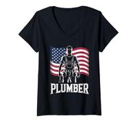 Womens Patriotic Plumber American Flag Plumbing 4th Of july V-Neck T-Shirt