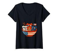 Womens Patriotic Pup & Ramen Stars, Stripes, and Slurps, funny 4th V-Neck T-Shirt