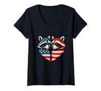 Womens Patriotic Raccoons Heart American Flag 4th Of July Graphic V-Neck T-Shirt