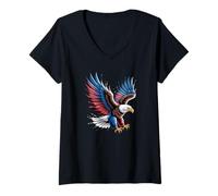 Womens Patriotic Red White and Blue Splatter Eagle V-Neck T-Shirt
