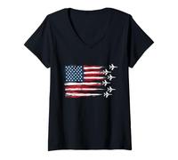 Womens Patriotic Red White Blue USA Flag Fighter Jets 4th of July V-Neck T-Shirt