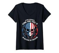 Womens Patriotic Skull and Rifles - in Defense of Freedom 2A USA V-Neck T-Shirt