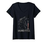 Womens Patriotic Soldier American Flag Veterans Military Graphic V-Neck T-Shirt