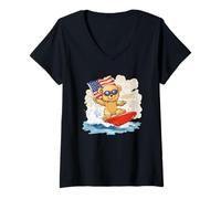 Womens Patriotic Surfing Teddy Bear with American Pride Costume V-Neck T-Shirt