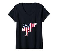 Womens Patriotic Unicorn Pegasus with Wings American Flag V-Neck T-Shirt