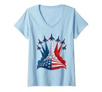 Womens Patriotic USA Flag Fighter Jets Boys 4th of July V-Neck T-Shirt