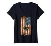 Women's Patriotic Vintage Trumpet Art on Distressed American Flag V-Neck T-Shirt
